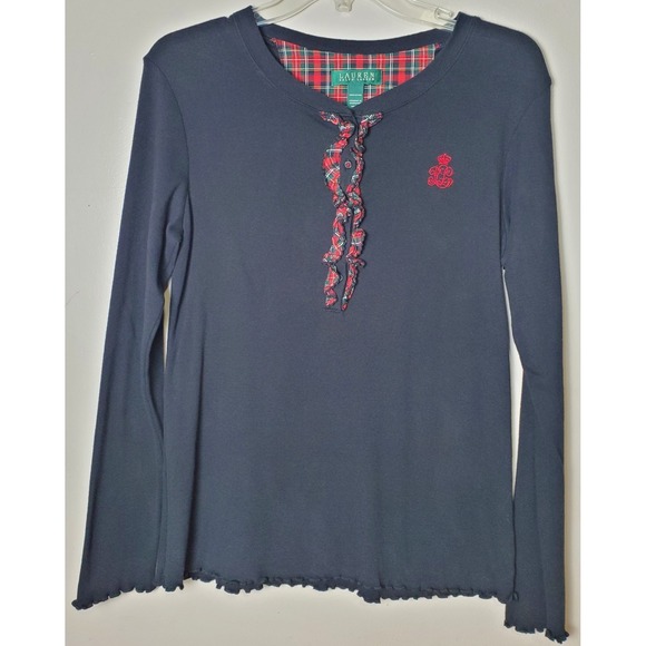Lauren Ralph Lauren Tops - Ralph Lauren Tartan Plaid Ruffle Black Cotton Henley Women's Medium Embroidered